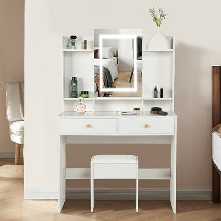 Dradaomull Makeup Vanity Table with Mirror and LED Light, Modern Vanity Desk with Storage Shelves and 2 Large Drawers, Bedroom Dressing Table wit