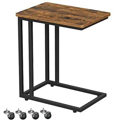 VASAGLE End Table, C Shaped TV Tray with Metal Frame Rolling Casters, Industrial Side Table for Living Room Bedroom, 19.7 x 13.8 x 23.6 Inches, R