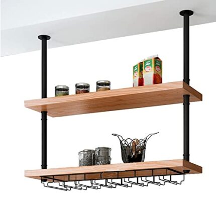 SUCHETA Wine Rack Double Ceiling Hanging Shelf Japanese Style Wall Hanging Flower Stand/Wine Rack Black Water Pipe Glass Wine Glass Holder Home S