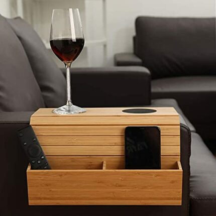 mosegor Bamboo Sofa Arm Tray Table Anti-Slip Flexible/Foldable Sofa Tray Remote Control and Cellphone Organizer Holder, Arm Rest Table,with Pocke