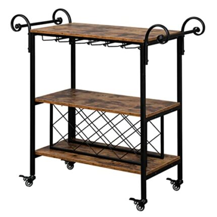 DSHGDJF 2-Layer Double-Armrest Diamond Wine Bottle Rack 1.5mm Thick Fire Pattern Density Board Movable Iron Wood Wine Cart