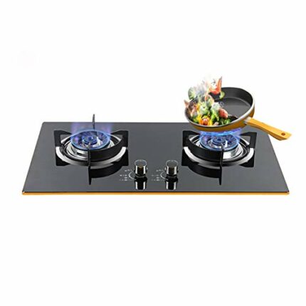 MILECN Gas Cooktop Dual Fuel Sealed 2 Burners Tempered Glass Gas Cooktop Drop-In Gas Hob Gas Burner Black Gas Cooktop