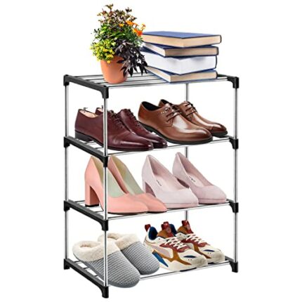 Ewolee Shoe Rack, 4 Tier Metal Shoe Storage Shelf Organizer, Space Saving Shoe Stand Quick Assembly Storage Rack for Entryway Living Room Hallway