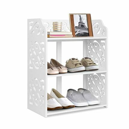 3-Tier Small Shoe Rack, Multifunction PVC Board Easy to Assemble Durable and free of formaldehyde, Carved Shoe Cabinet, for Shoes Magazines Books