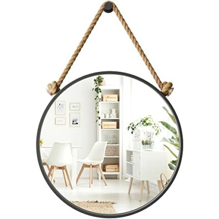 Barnyard Designs 26" Coastal Round Mirror with Hanging Rope - Mount Included - Nautical Rope Mirror for Bathroom Wall, Living Room or Entry Space