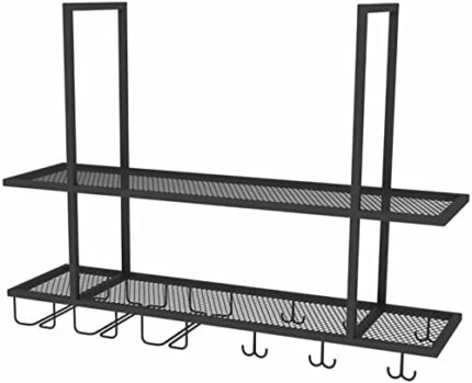 EMISOO Hanging Ceiling Shelf Hanging Wine Rack with Glass Holder and Shelf, Metal Ceiling Bar Wine Glass Rack, 2-Layer Industrial Wall Mounted Wi
