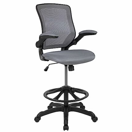 Flash Furniture Mid-Back Mesh Ergonomic Drafting Chair with Adjustable Foot Ring and Flip-Up Arms, Metal Plastic Material Foam Technical Wood, Da