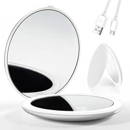 P TOPPSTORE LED Lighted Compact Mirror,4 Inch 1X/5X Magnification Travel Makeup Mirror,Rechargeable Portable Compact Mirror with Light for Handba