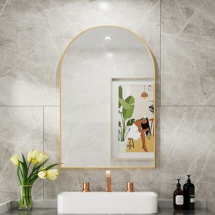 RICHTOP 22x30 Gold Arch Mirror, Arched Gold Bathroom Mirror, Mantel Mirror, Gold Metal Frame Mirror for Fireplace Entryway Livingroom, Explosion-