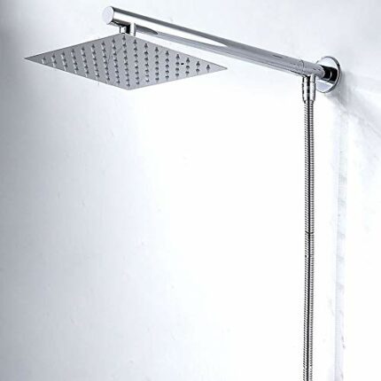 Dandelionsky 8" Wall Mount Square Rainfall Shower Head Stainless Steel Bathroom Shower Head Set Chrome Finished Shower Heads & Extension Arm & Ho