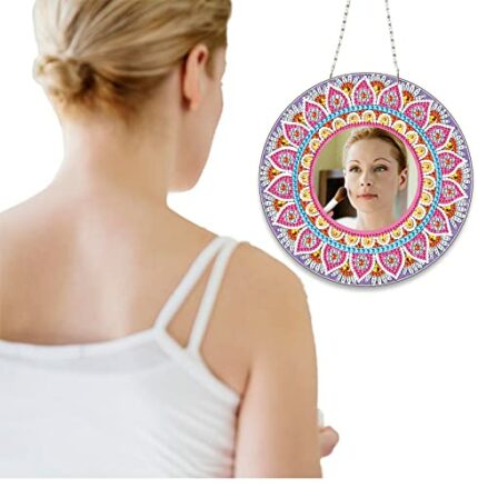 Diamond Painting Hanging Wall Mirror Mandala 20x20 cm Decorative Mirror Boho Style Dressing Mirror Toilet Mirror with Adjustable Strap Hallway Mi