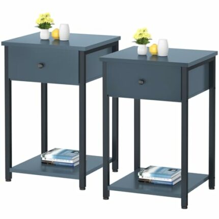 Ecoprsio Nightstand Set of 2 Modern End Table Side Table with Drawer and Storage Shelf Wood Night Stand Dark Blue Bedside Table for Bedroom, Livi