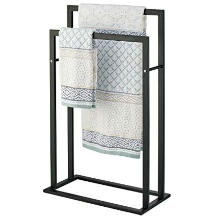 mDesign Towel Holder — 2-Bar Towel Rail for Bathroom Storage and Organisation — Freestanding Towel Rack for Bath, Hand and Face Towels — Matte Bl