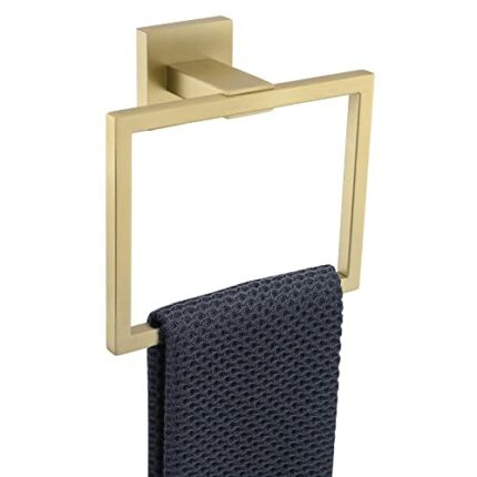 TQKAG Brushed Gold Towel Ring Bathroom Hand Towel Holder Stainless Steel Square Towel Bar Hangers Wall Mounted