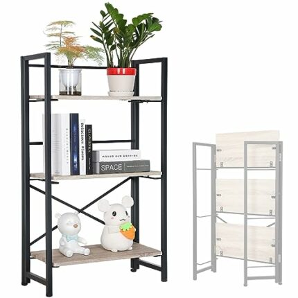YGYQZ 3 Tier Bookshelf, No-Assembly Folding Shelf Standing Bookcase Adjustable Leg pads, Industrial Storage Rack for Office, Living Room