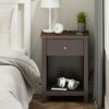 ChooChoo Nightstand with Charging Station, Wooden Top Bedside Table with Drawer and Storage Space for Bedroom, Grey
