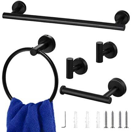 5 Pcs Matte Black Bathroom Hardware Set, Stainless Steel Bathroom Hardware Set, Bath Towel Bar Set, Towel Racks for Bathroom Wall Mounted