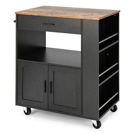 DSHGDJF Kitchen Island Cart Rolling Storage Cabinet With Drawers And Spice Rack Shelves, Black