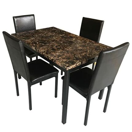 WALNUT Furniture 5 Piece Metal Dining Set Includes 1 Faux Marble Top Dining Table + 4 Black Dining Chair Seats