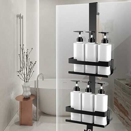 ILIKEPOW Shower Organizer Hanging Stainless Steel Double Layer Shower Shelf Bathroom Caddy Basket for Glass Door Shower Screen Matte Black with 4