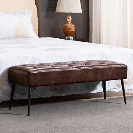 End of Bed Bench with Metal Legs,Upholstered Bedroom Bench Leather Bench Seat,Modern Multifunction Shoe Bench Entryway Bench Dining Bench-Brown 8