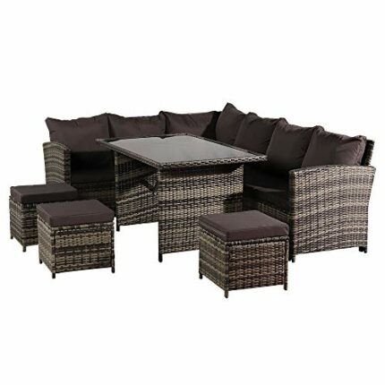 YFYTYG-PX Outdoor Rattan Dining Table, 9 Seat Furniture Sofa Dining Table with Free Rain Cover Black Silk Screen Glass Dark Grey Sofa Cover Ratta