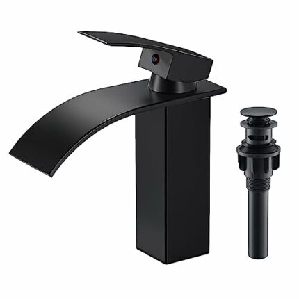 AIMOYO Black Basin Mixer Tap Waterfall Bathroom Sink Tap Single Lever Brass Mono Cloakroom Mixer Taps with Pop Up Drain, Cold and Hot Water Avail