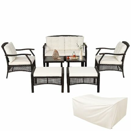 WALNUT 7PCS Patio Rattan Furniture Set Cushioned Sofas Loveseat Yard W/Waterproof Cover
