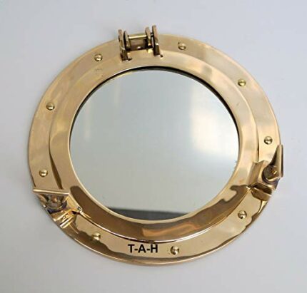 The Antique House 12" Brass Finish Porthole Nautical Maritime Ship Boat Wall Mirror Home Decor