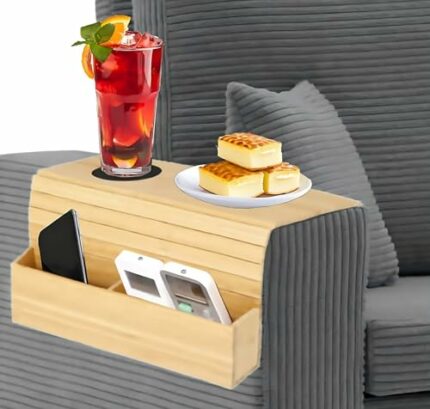 Nisorpa Bamboo Sofa Arm Tray Table Foldable Couch Armrest Trays Wooden Flexible Arm Rest Table Organizer Non-slip Sofa Armrest Tray with 2 Storag