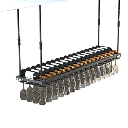 Wine Rack Ceiling Hanging Holder | Wine Bottles And Glass Goblets Stemware Storage Shelf Display Stand, for Under Cabinet Kitchen Bar Organizer S