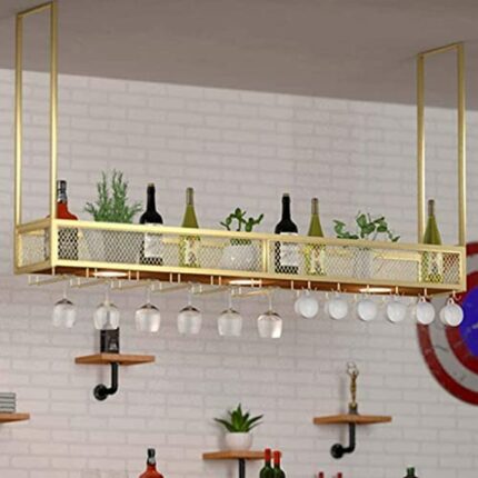SUCHETA Wine Rack Hanging Iron Wine Glass Holder Hanging Inverted Bottle Rack Champagne Glass Multi-Functional Ceiling Decoration Shelf With Part
