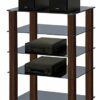 Centurion Supports TRINITY Gloss Black 5 Shelf with Walnut Legs Flat Screen TV Rack Glass Stand