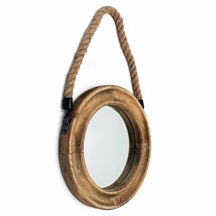 Funly mee Rustic Round Decorative Mirror with Solid Wood Frame and Rope Hanging Antique Wall Decoration