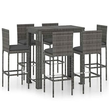 vidaXL Garden Bar Set 7 Piece with Cushions Outdoor Patio Terrace Backyard Furniture Dining Table and Chair Seating Poly Rattan Grey