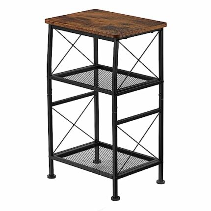 ruboka 3-Tier Small End Tables,Narrow Side Table w/ Steel Grid Storage Shelves,Slim Nightstand X-Design Sofa Side Table Small Bookshelf Bookcase,