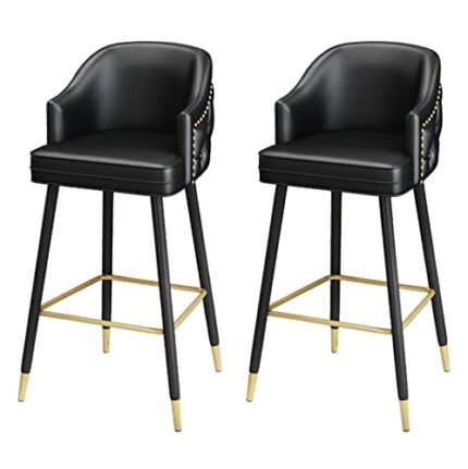 ADEADE 26 Inches High Leather Barstools Set of 2 Counter Height Bar Chairs Upholstered with Nailheads and Gold Tipped Black Metal Legs, Leisure C