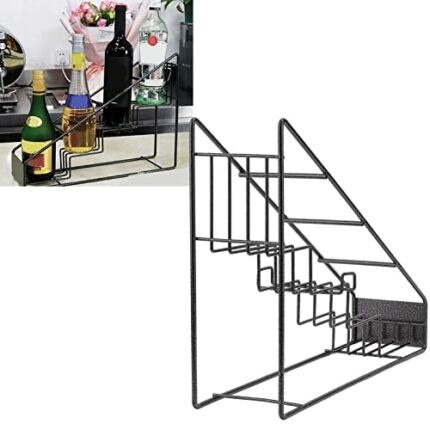 Jeanoko Wine Bottle Holders, 4 Compartments Stainless Steel Syrup Bottle Holder Stable Coffee Spice Rack Shelf Countertop Free Stand Storage Rack