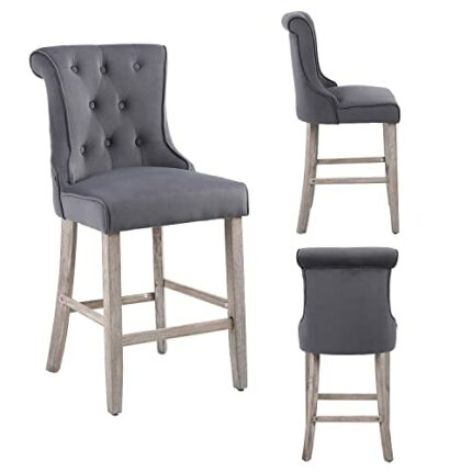PS Global Clara Barstool Plush Velvet Upholstery With Washed Wooden Oak leg Upholstered for Breakfast Counter, Kitchen Island Home Barstool, Comf