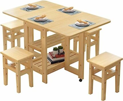 Shykey Folding Dining Table Set, Extension Solid Wood Kitchen Table, with Drawer and Wheels for Small Room Apartment, Drop Leaf Tables for Kitche