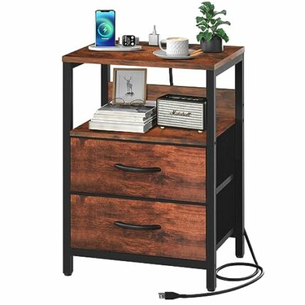 Yoobure Nightstand with Charging Station, Small Night Stand Fabric Drawers and Storage Shelf for Bedrooms, Nightstands Spaces, Bedside Table USB