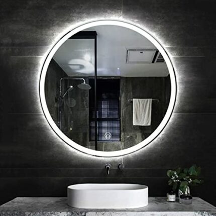 SkiPdr Bathroom Mirror round Frameless Backlit with Lights Antifog Smart Makeup Vanity Backlight and Frontilluminated, White Light, 80cm round