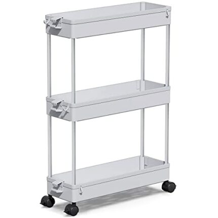 SPACEKEEPER Storage Trolley 3-Tier Slim Storage Cart Slide Out Rolling Utility Cart Mobile Shelving Unit Trolley Organizer Cart for Kitchen Bathr