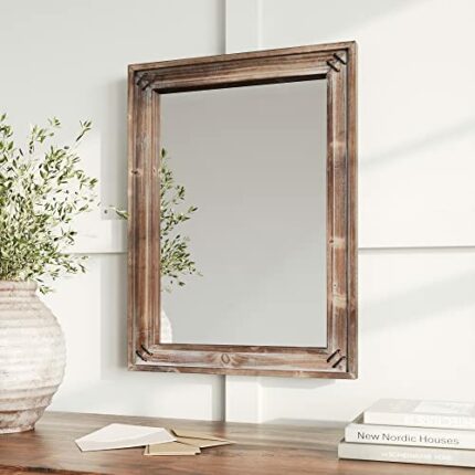 Barnyard Designs 45.5 x 61cm Decorative Wall Hanging Mirror, Rustic Farmhouse Wood and Metal Mirror Wall, Vintage Distressed Wall Decor, Brown