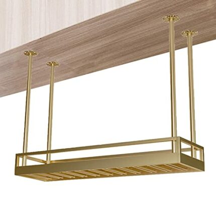 EYLINK Industrial Vintage Wine Rack, Ceiling Mounted Hanging Wine Bottle Holder, Goblet Stemware Holder, Bar/Kitchen/Restaurants Home Decor, Gold