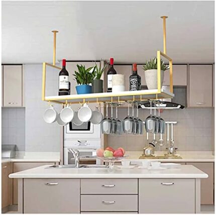 EMISOO Hanging Wine Rack, Vintage Wine Bottle Holder, Ceiling Decoration Wine Glass Rack, for Bars, Restaurants, Kitchens, White Wooden Board (Co