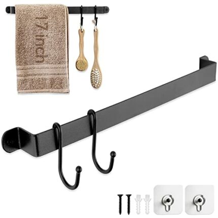 Towel Rack for Bathroom: Bath Towel Holder Wall Mounted - Matte Black Towel Bar Rod with 2 Towel Hooks 17-Inch … B0BYCGV61J