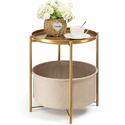 danpinera Round Side Table with Fabric Storage Basket, Metal Side Table Small Bedside Table Nightstand with Removable Tray Top for Living Room, B