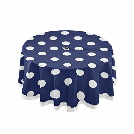 xigua Polka Dot Round Tablecloth with Zipper Umbrella Hole, Waterproof Spillproof Polyester Fabric Table Cover for Outdoor Patio Garden Dining Pa