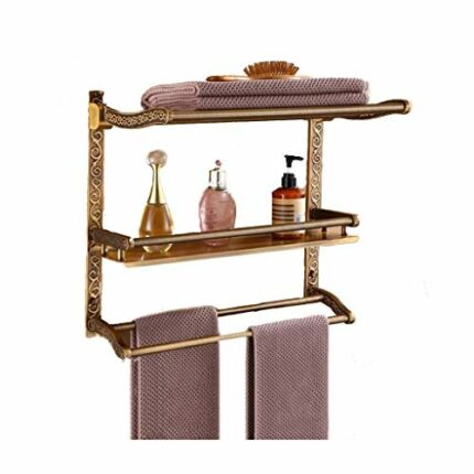 N/A Towel Racks for Bathroom Shelf with Foldable Towel Bar Holder and Hooks Wall Mounted Multifunctional Racks,Bronze